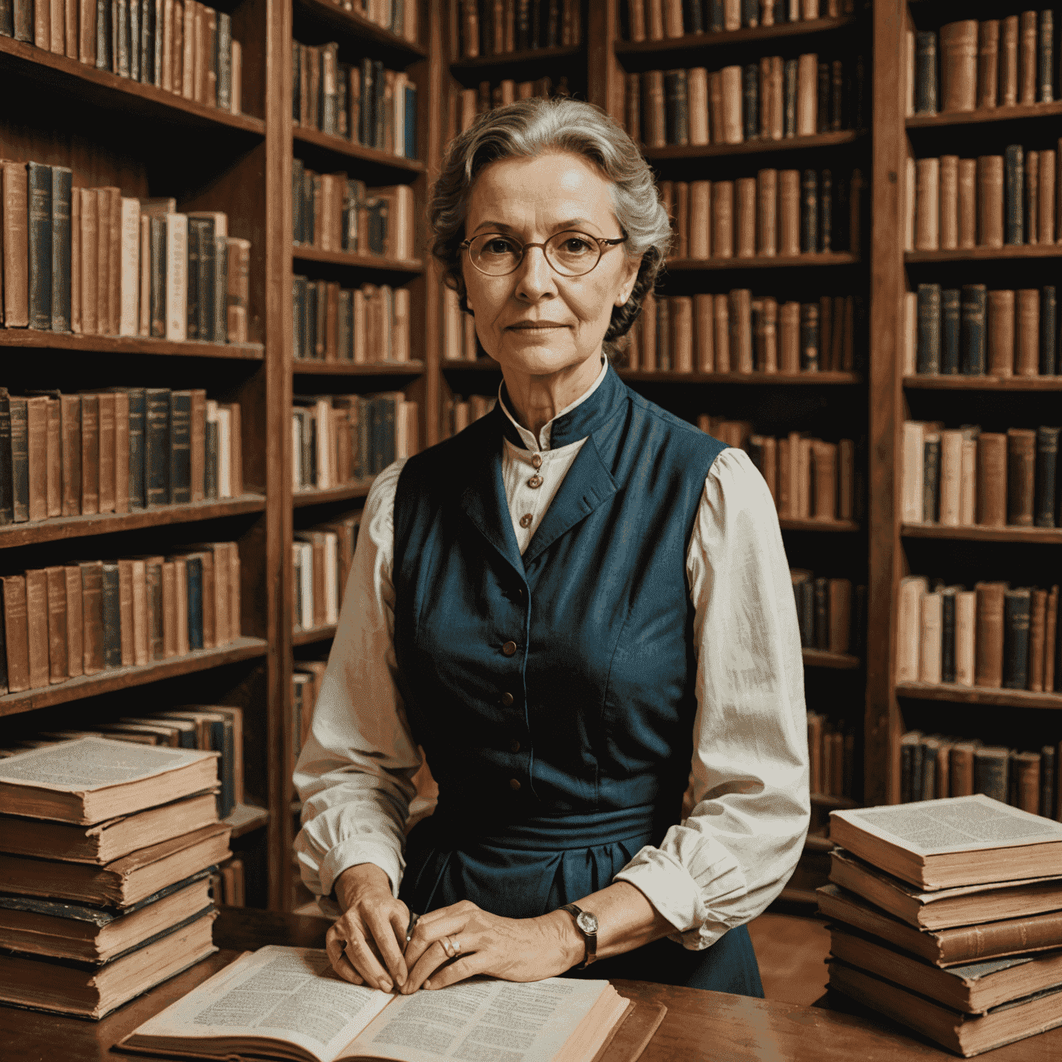 Zdjęcie Marii Wiśniewskiej, historyka kulinarnego, w bibliotece, otoczonej starymi książkami kucharskimi