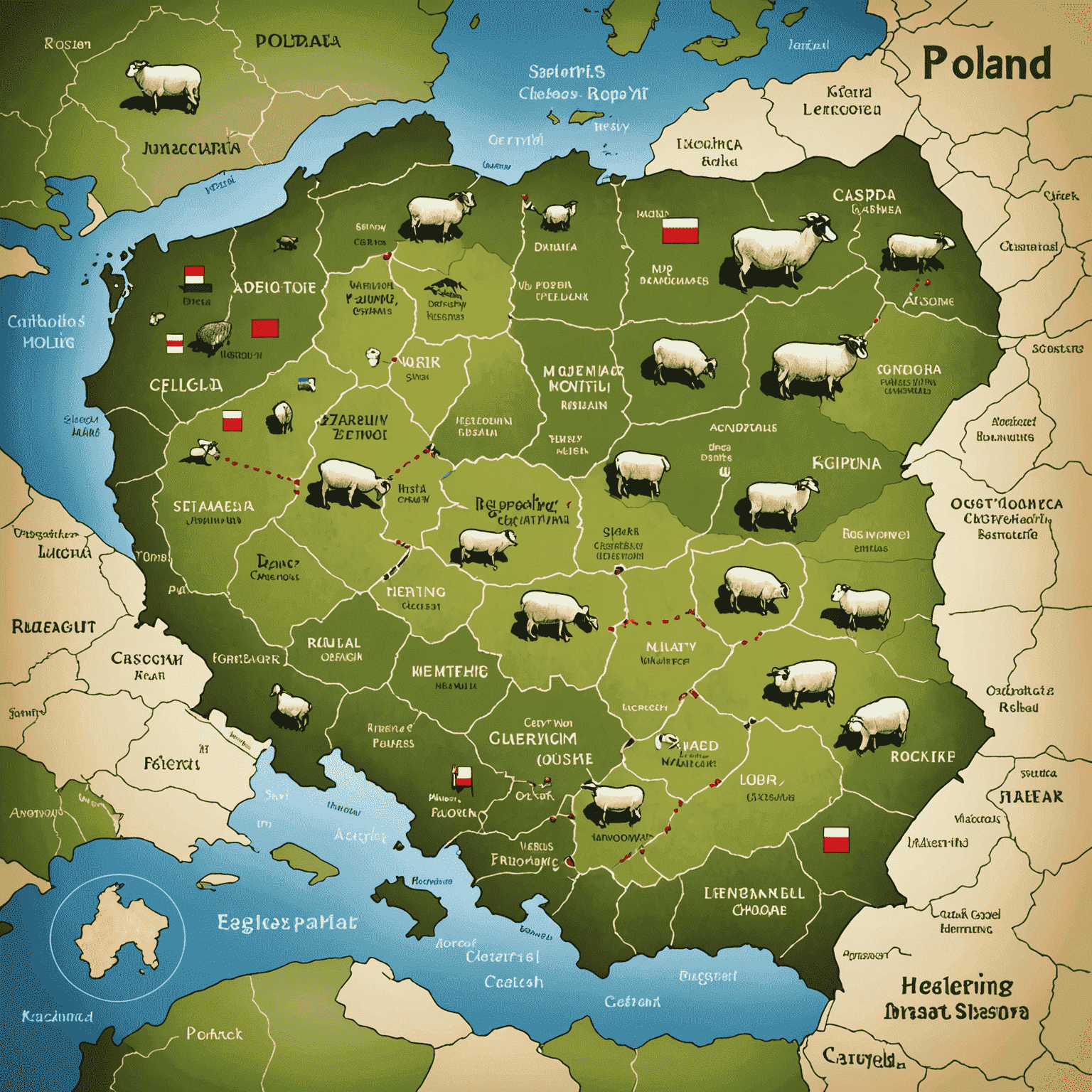 Mapa Polski z zaznaczonymi regionami i charakterystycznymi dla nich potrawami, np. oscypek w górach, śledzie na wybrzeżu